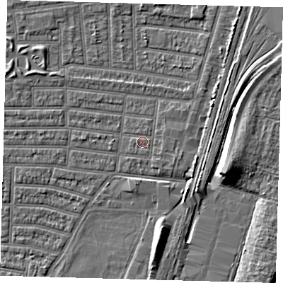 Shaded relief map of the ground around N179EE, computed from Environment Agency LiDAR. The ground here sits at about 9 m above sea level and falls 9 m across the surrounding 800 m. Surface water reaching this point runs off ground lying to the north-north-east, 0.7 m higher.