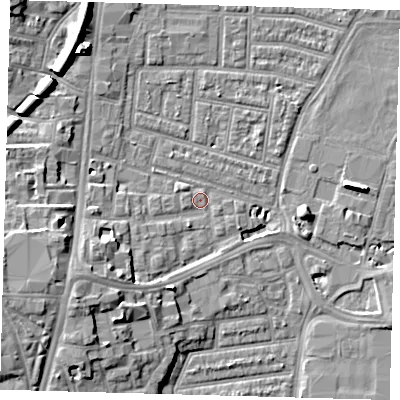 Shaded relief map of the ground around N179EF, computed from Environment Agency LiDAR. The ground here sits at about 9 m above sea level and falls 11 m across the surrounding 800 m. Surface water reaching this point runs off ground lying to the west-south-west, 9.7 m higher.