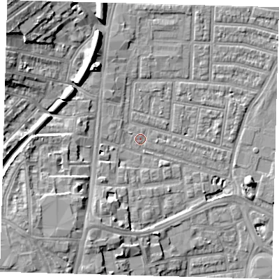 Shaded relief map of the ground around N179ET, computed from Environment Agency LiDAR. The ground here sits at about 9 m above sea level and falls 14 m across the surrounding 800 m. Surface water reaching this point runs off ground lying to the south-west, 0.7 m higher.