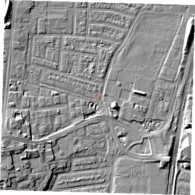 Shaded relief map of the ground around N179EU, computed from Environment Agency LiDAR. The ground here sits at about 8 m above sea level and falls 11 m across the surrounding 800 m. Surface water reaching this point runs off ground lying to the west-south-west, 9.1 m higher.