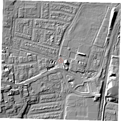 Shaded relief map of the ground around N179EX, computed from Environment Agency LiDAR. The ground here sits at about 9 m above sea level and falls 10 m across the surrounding 800 m. Surface water reaching this point runs off ground lying to the east-south-east, 5.2 m higher.