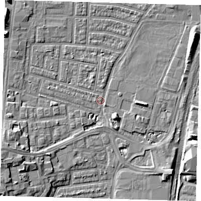 Shaded relief map of the ground around N179EY, computed from Environment Agency LiDAR. The ground here sits at about 9 m above sea level and falls 11 m across the surrounding 800 m. Surface water reaching this point runs off ground lying to the west-south-west, 9.7 m higher.
