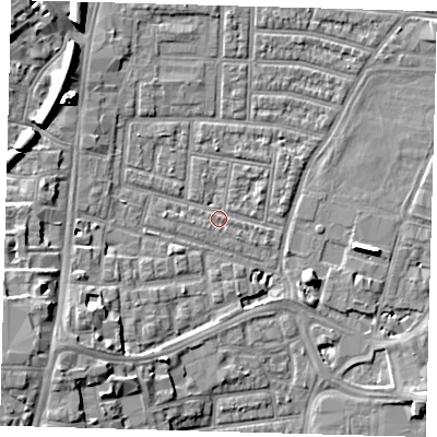 Shaded relief map of the ground around N179EZ, computed from Environment Agency LiDAR. The ground here sits at about 9 m above sea level and falls 11 m across the surrounding 800 m. Surface water reaching this point runs off ground lying to the south-west, 9.7 m higher.