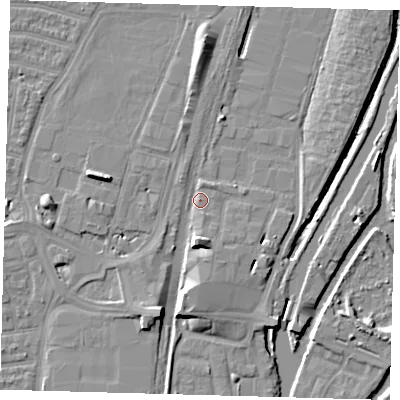 Shaded relief map of the ground around N179FQ, computed from Environment Agency LiDAR. The ground here sits at about 9 m above sea level and falls 8 m across the surrounding 800 m. Surface water reaching this point runs off ground lying to the south-south-east, 1.9 m higher.