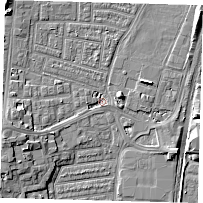 Shaded relief map of the ground around N179GR, computed from Environment Agency LiDAR. The ground here sits at about 8 m above sea level and falls 11 m across the surrounding 800 m. Surface water reaching this point runs off ground lying to the west-south-west, 9.1 m higher.