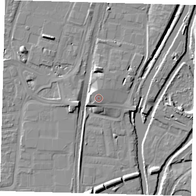 Shaded relief map of the ground around N179GW, computed from Environment Agency LiDAR. The ground here sits at about 12 m above sea level and falls 8 m across the surrounding 800 m. Surface water reaching this point runs off ground lying to the west-south-west, 1.9 m higher.