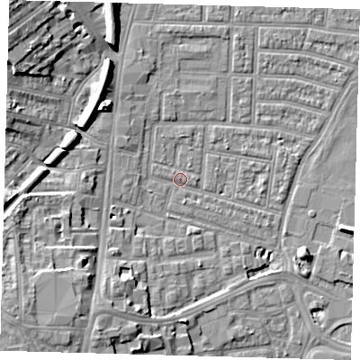 Shaded relief map of the ground around N179HB, computed from Environment Agency LiDAR. The ground here sits at about 9 m above sea level and falls 13 m across the surrounding 800 m. Surface water reaching this point runs off ground lying to the north-west, 9.5 m higher.