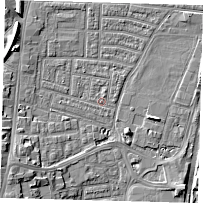 Shaded relief map of the ground around N179HD, computed from Environment Agency LiDAR. The ground here sits at about 9 m above sea level and falls 11 m across the surrounding 800 m. Surface water reaching this point runs off ground lying to the west-south-west, 10.6 m higher.
