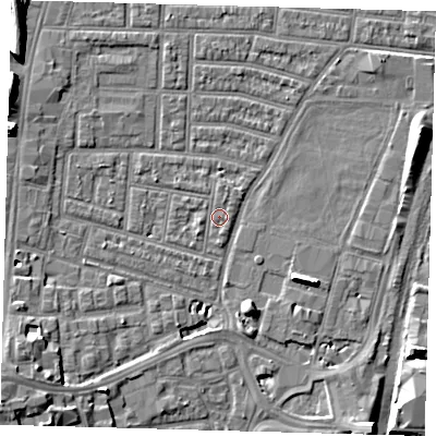 Shaded relief map of the ground around N179HE, computed from Environment Agency LiDAR. The ground here sits at about 9 m above sea level and falls 11 m across the surrounding 800 m. Surface water reaching this point runs off ground lying to the north-north-east, 0.8 m higher.