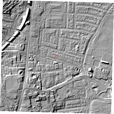 Shaded relief map of the ground around N179HF, computed from Environment Agency LiDAR. The ground here sits at about 9 m above sea level and falls 11 m across the surrounding 800 m. Surface water reaching this point runs off ground lying to the south-west, 9.7 m higher.