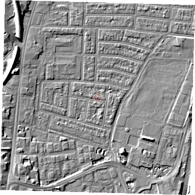 Shaded relief map of the ground around N179HG, computed from Environment Agency LiDAR. The ground here sits at about 9 m above sea level and falls 11 m across the surrounding 800 m. Surface water reaching this point runs off ground lying to the east-north-east, 0.7 m higher.