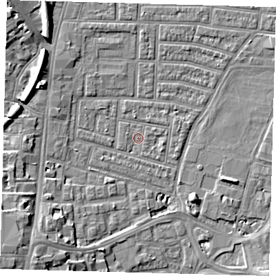 Shaded relief map of the ground around N179HH, computed from Environment Agency LiDAR. The ground here sits at about 9 m above sea level and falls 11 m across the surrounding 800 m. Surface water reaching this point runs off ground lying to the south-west, 10.8 m higher.