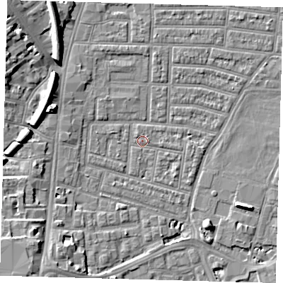 Shaded relief map of the ground around N179HJ, computed from Environment Agency LiDAR. The ground here sits at about 9 m above sea level and falls 11 m across the surrounding 800 m. Surface water reaching this point runs off ground lying to the south-west, 10.8 m higher.