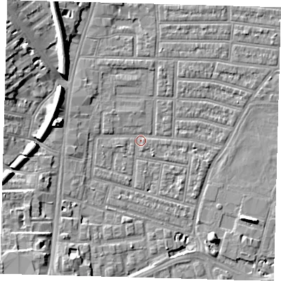 Shaded relief map of the ground around N179HL, computed from Environment Agency LiDAR. The ground here sits at about 9 m above sea level and falls 11 m across the surrounding 800 m. Surface water reaching this point runs off ground lying to the north-west, 2.2 m higher.