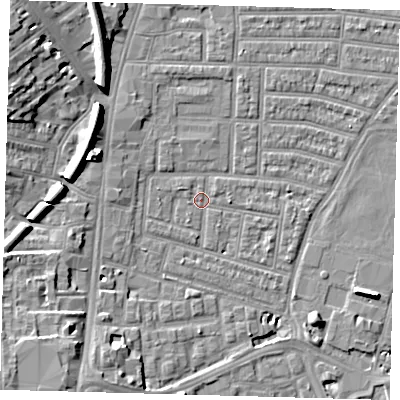 Shaded relief map of the ground around N179HN, computed from Environment Agency LiDAR. The ground here sits at about 9 m above sea level and falls 12 m across the surrounding 800 m. Surface water reaching this point runs off ground lying to the south-west, 11.2 m higher.
