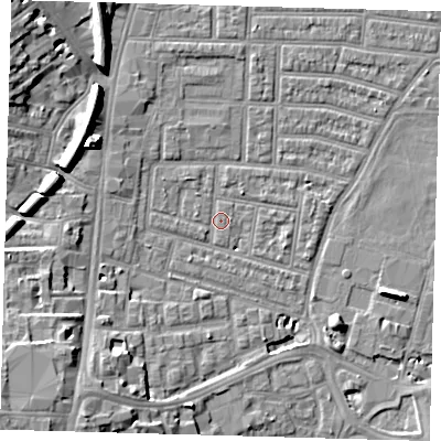 Shaded relief map of the ground around N179HP, computed from Environment Agency LiDAR. The ground here sits at about 9 m above sea level and falls 11 m across the surrounding 800 m. Surface water reaching this point runs off ground lying to the south-west, 11.0 m higher.
