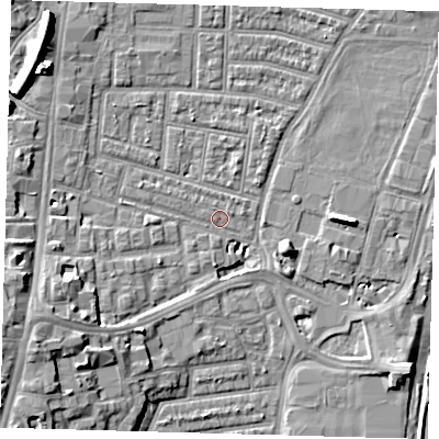 Shaded relief map of the ground around N179HQ, computed from Environment Agency LiDAR. The ground here sits at about 8 m above sea level and falls 11 m across the surrounding 800 m. Surface water reaching this point runs off ground lying to the west-south-west, 9.7 m higher.