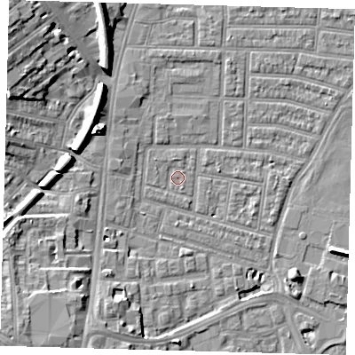 Shaded relief map of the ground around N179HR, computed from Environment Agency LiDAR. The ground here sits at about 9 m above sea level and falls 13 m across the surrounding 800 m. Surface water reaching this point runs off ground lying to the north-north-west, 1.0 m higher.
