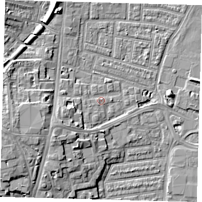 Shaded relief map of the ground around N179HW, computed from Environment Agency LiDAR. The ground here sits at about 10 m above sea level and falls 12 m across the surrounding 800 m. Surface water reaching this point runs off ground lying to the west-south-west, 6.6 m higher.