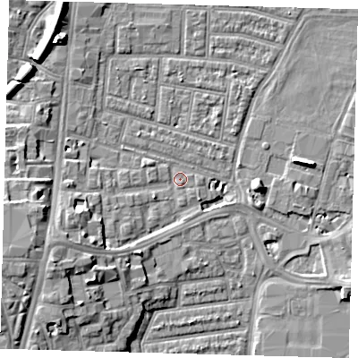 Shaded relief map of the ground around N179HZ, computed from Environment Agency LiDAR. The ground here sits at about 9 m above sea level and falls 11 m across the surrounding 800 m. Surface water reaching this point runs off ground lying to the west-south-west, 9.7 m higher.