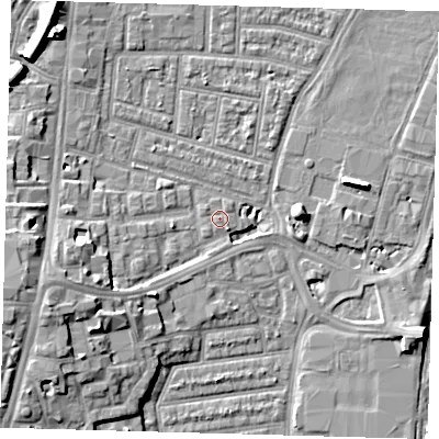 Shaded relief map of the ground around N179JH, computed from Environment Agency LiDAR. The ground here sits at about 9 m above sea level and falls 11 m across the surrounding 800 m. Surface water reaching this point runs off ground lying to the west-south-west, 9.1 m higher.