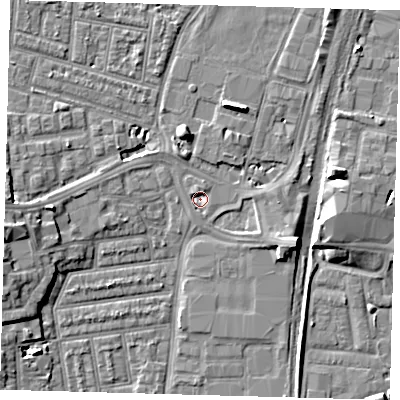 Shaded relief map of the ground around N179JU, computed from Environment Agency LiDAR. The ground here sits at about 7 m above sea level and falls 8 m across the surrounding 800 m. Surface water reaching this point runs off ground lying to the west, 6.7 m higher.