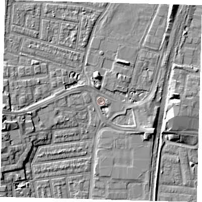 Shaded relief map of the ground around N179JZ, computed from Environment Agency LiDAR. The ground here sits at about 8 m above sea level and falls 9 m across the surrounding 800 m. Surface water reaching this point runs off ground lying to the west, 7.1 m higher.