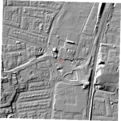 Shaded relief map of the ground around N179LB, computed from Environment Agency LiDAR. The ground here sits at about 9 m above sea level and falls 8 m across the surrounding 800 m. Surface water reaching this point runs off ground lying to the north-north-west, 3.3 m higher.
