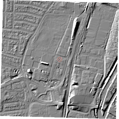 Shaded relief map of the ground around N179LH, computed from Environment Agency LiDAR. The ground here sits at about 9 m above sea level and falls 8 m across the surrounding 800 m. Surface water reaching this point runs off ground lying to the north, 0.5 m higher.