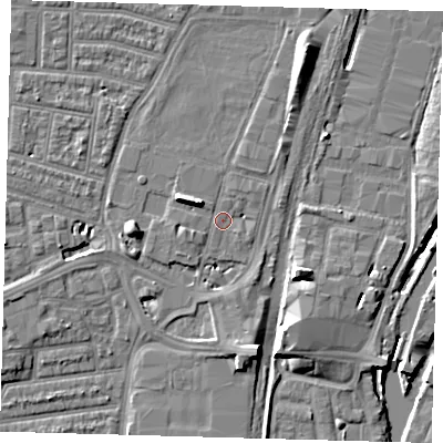 Shaded relief map of the ground around N179LJ, computed from Environment Agency LiDAR. The ground here sits at about 9 m above sea level and falls 8 m across the surrounding 800 m. Surface water reaching this point runs off ground lying to the west-north-west, 5.4 m higher.
