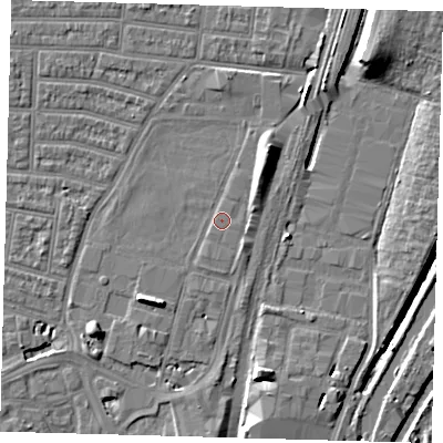 Shaded relief map of the ground around N179LN, computed from Environment Agency LiDAR. The ground here sits at about 9 m above sea level and falls 10 m across the surrounding 800 m. Surface water reaching this point runs off ground lying to the east-north-east, 1.9 m higher.