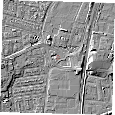 Shaded relief map of the ground around N179LR, computed from Environment Agency LiDAR. The ground here sits at about 8 m above sea level and falls 8 m across the surrounding 800 m. Surface water reaching this point runs off ground lying to the west, 6.2 m higher.