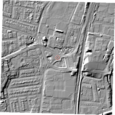 Shaded relief map of the ground around N179LU, computed from Environment Agency LiDAR. The ground here sits at about 8 m above sea level and falls 8 m across the surrounding 800 m. Surface water reaching this point runs off ground lying to the west, 5.7 m higher.