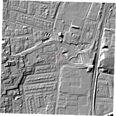 Shaded relief map of the ground around N179LY, computed from Environment Agency LiDAR. The ground here sits at about 8 m above sea level and falls 9 m across the surrounding 800 m. Surface water reaching this point runs off ground lying to the west-north-west, 2.1 m higher.