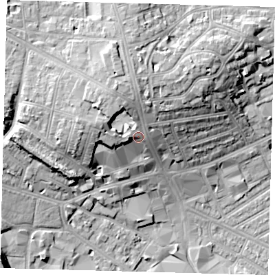 Shaded relief map of the ground around N179LZ, computed from Environment Agency LiDAR. The ground here sits at about 33 m above sea level and falls 21 m across the surrounding 800 m. Surface water reaching this point runs off ground lying to the north-west, 7.3 m higher.