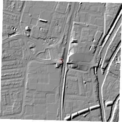 Shaded relief map of the ground around N179NA, computed from Environment Agency LiDAR. The ground here sits at about 11 m above sea level and falls 8 m across the surrounding 800 m. Surface water reaching this point runs off ground lying to the south-south-east, 5.8 m higher.