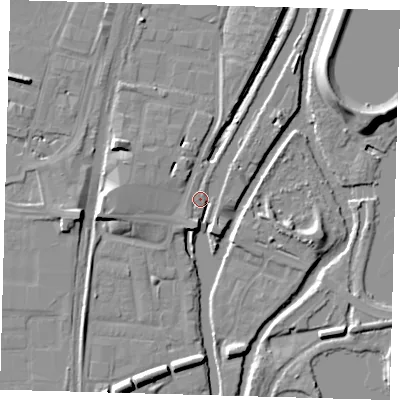 Shaded relief map of the ground around N179NE, computed from Environment Agency LiDAR. The ground here sits at about 9 m above sea level and falls 11 m across the surrounding 800 m. Surface water reaching this point runs off ground lying to the south-west, 3.6 m higher.