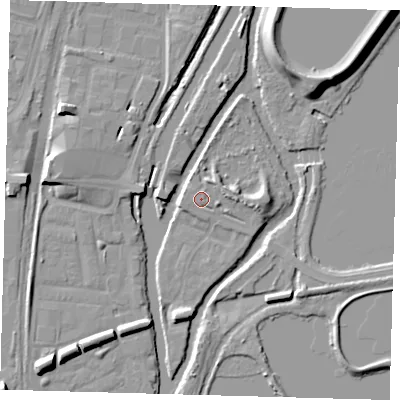 Shaded relief map of the ground around N179NG, computed from Environment Agency LiDAR. The ground here sits at about 9 m above sea level and falls 11 m across the surrounding 800 m. Surface water reaching this point runs off ground lying to the north-north-east, 0.8 m higher.