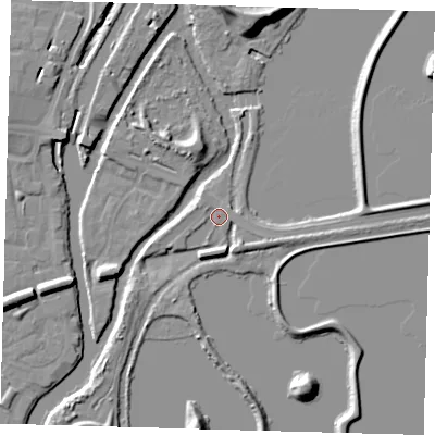 Shaded relief map of the ground around N179NH, computed from Environment Agency LiDAR. The ground here sits at about 9 m above sea level and falls 11 m across the surrounding 800 m. Surface water reaching this point runs off ground lying to the east-south-east, 1.5 m higher.