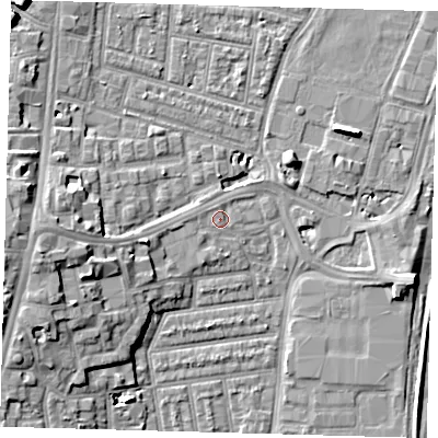 Shaded relief map of the ground around N179NR, computed from Environment Agency LiDAR. The ground here sits at about 9 m above sea level and falls 11 m across the surrounding 800 m. Surface water reaching this point runs off ground lying to the west, 7.5 m higher.