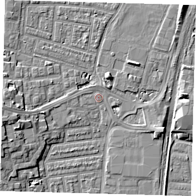 Shaded relief map of the ground around N179NU, computed from Environment Agency LiDAR. The ground here sits at about 9 m above sea level and falls 10 m across the surrounding 800 m. Surface water reaching this point runs off ground lying to the west-south-west, 7.9 m higher.