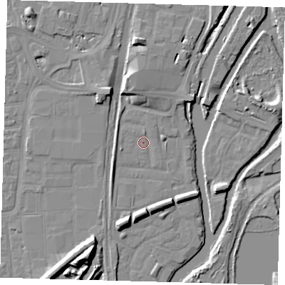 Shaded relief map of the ground around N179PA, computed from Environment Agency LiDAR. The ground here sits at about 8 m above sea level and falls 14 m across the surrounding 800 m. Surface water reaching this point runs off ground lying to the south-south-west, 12.7 m higher.
