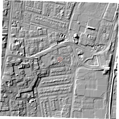 Shaded relief map of the ground around N179PB, computed from Environment Agency LiDAR. The ground here sits at about 9 m above sea level and falls 11 m across the surrounding 800 m. Surface water reaching this point runs off ground lying to the west-north-west, 1.4 m higher.