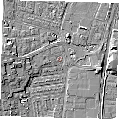 Shaded relief map of the ground around N179PE, computed from Environment Agency LiDAR. The ground here sits at about 8 m above sea level and falls 10 m across the surrounding 800 m. Surface water reaching this point runs off ground lying to the west-north-west, 2.1 m higher.