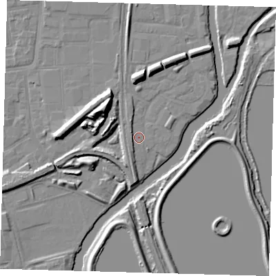 Shaded relief map of the ground around N179PG, computed from Environment Agency LiDAR. The ground here sits at about 8 m above sea level and falls 14 m across the surrounding 800 m. The ground contributing surface water to this point lies to the south-south-east.