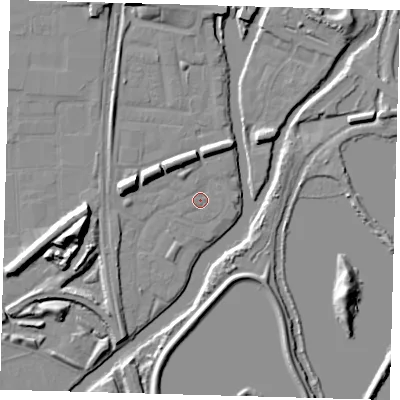 Shaded relief map of the ground around N179PH, computed from Environment Agency LiDAR. The ground here sits at about 8 m above sea level and falls 14 m across the surrounding 800 m. Surface water reaching this point runs off ground lying to the north-north-west, 5.0 m higher.