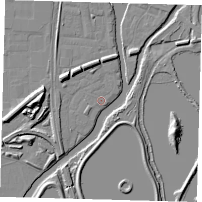 Shaded relief map of the ground around N179PJ, computed from Environment Agency LiDAR. The ground here sits at about 8 m above sea level and falls 14 m across the surrounding 800 m. Surface water reaching this point runs off ground lying to the north-west, 0.7 m higher.