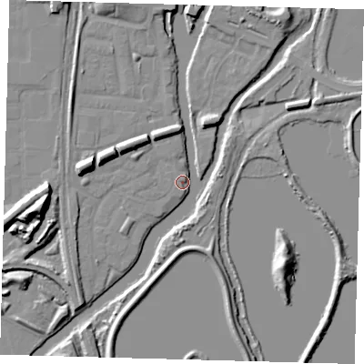 Shaded relief map of the ground around N179PL, computed from Environment Agency LiDAR. The ground here sits at about 8 m above sea level and falls 14 m across the surrounding 800 m. Surface water reaching this point runs off ground lying to the west, 8.3 m higher.