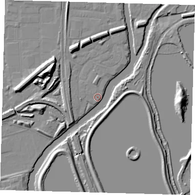 Shaded relief map of the ground around N179PN, computed from Environment Agency LiDAR. The ground here sits at about 8 m above sea level and falls 14 m across the surrounding 800 m. Surface water reaching this point runs off ground lying to the north-north-west, 8.3 m higher.