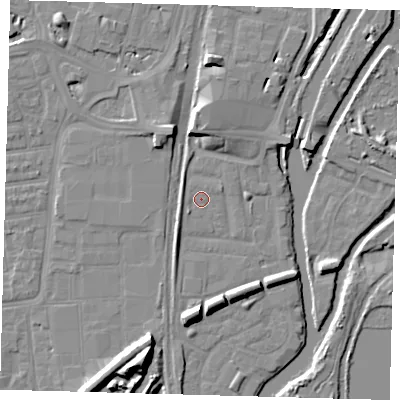Shaded relief map of the ground around N179PP, computed from Environment Agency LiDAR. The ground here sits at about 8 m above sea level and falls 14 m across the surrounding 800 m. Surface water reaching this point runs off ground lying to the west, 1.7 m higher.